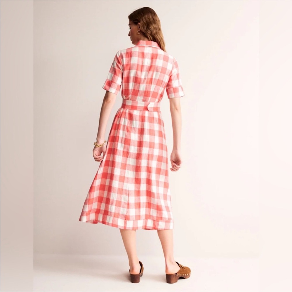 Boden Gingham Rose Red Louise 100% Linen Midi Shirt Dress - Picture 2 of 11
